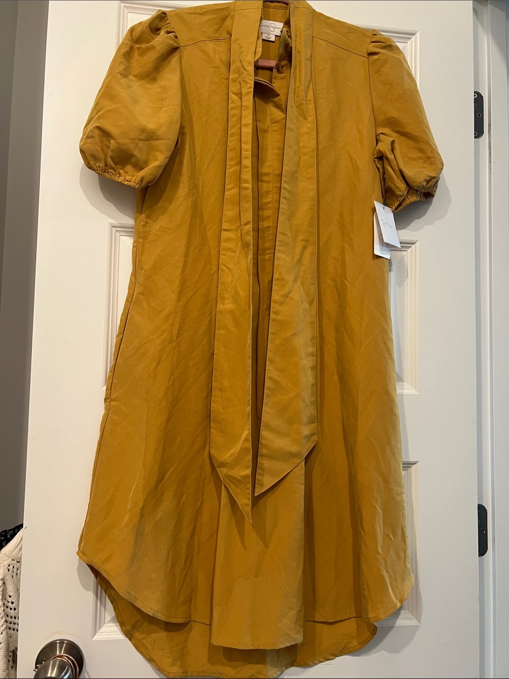 Jessica Simpson Mustard Tie-Neck Puff Sleeve Dress